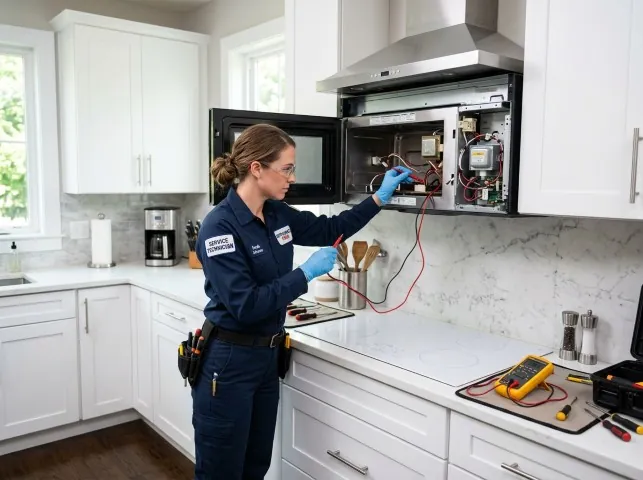 Appliance Repair Hero technician testing an over-the-range microwave in a Ardara, PA kitchen